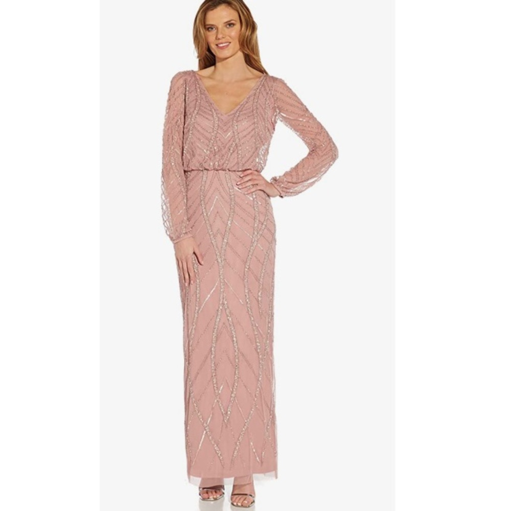 Adrianna Papell Pink Beaded Long Sleeve Gown